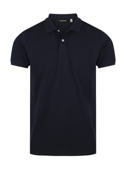 Navy blue men's polo shirt with a classic collar and short sleeves, featuring a logo.