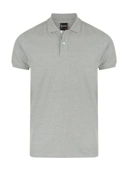 A light grey men's polo shirt with a collar and three buttons, featuring a logo.