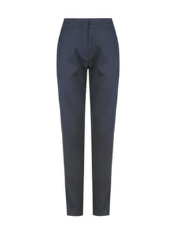 A pair of navy ladies' chino pants, featuring a sleek design with a logo. Ideal for casual or smart-casual wear.