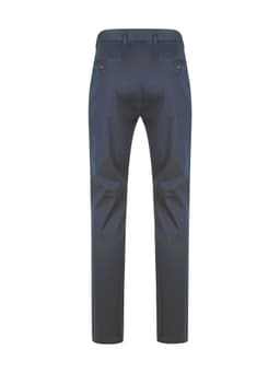 A pair of navy men's chino pants featuring a flat front and two back pockets, with a simple logo present.