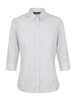 A grey and white striped ladies' 3/4 sleeve button-up shirt, featuring a collar and a logo.