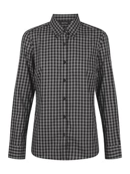 A black and grey checkered button-up long sleeve shirt with a collar and a central button placket.