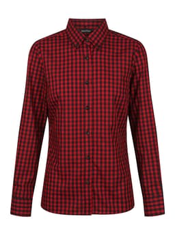 A long sleeve button-up shirt in red and black checkered pattern with a collar and branding.