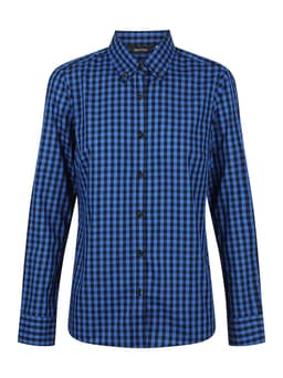 A blue and black checkered long sleeve button-up shirt with a collar and a logo.