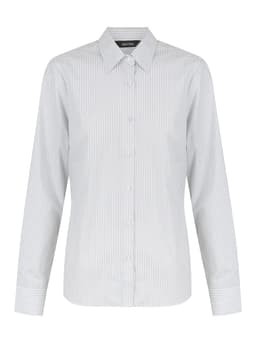 A ladies long sleeve button-up shirt in light grey with a subtle striped pattern and a collar.