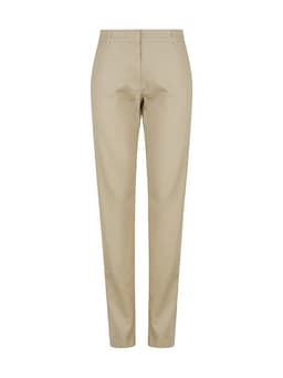A pair of women's chino pants in a light beige colour, featuring a sleek, tailored design and standard waistband.