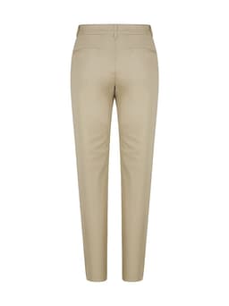 A pair of women's chino pants in a beige colour, featuring a sleek design and a logo on the waistband.
