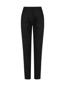 A pair of black ladies' chino pants with a tailored fit, featuring pockets and a logo.
