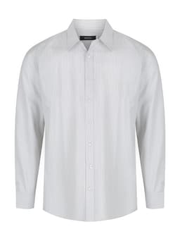 A long sleeve button-up shirt in a light grey and white striped pattern featuring a collar and front buttons.