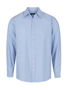 A blue and white striped long sleeve button-up shirt with a collar and branded tag.
