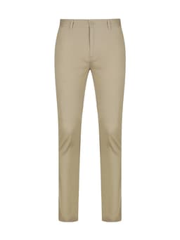 Light beige men's chino pants with a tailored fit and a logo on the waistband.