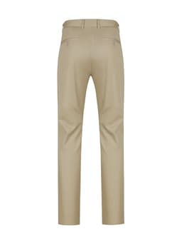 Beige men's chino pants with a slim fit and back pockets, featuring a logo on the rear waistband.