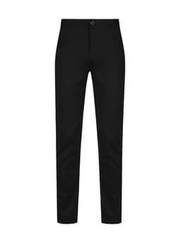 A pair of black chinos featuring a slim fit design and a front button closure.