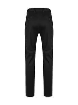 A pair of black men's chino pants, featuring a straight-leg design and back pockets. It has a logo on the waistband.