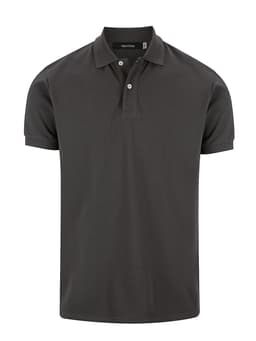 A black men's polo shirt featuring a classic collar and two-button placket, with a logo on the chest.