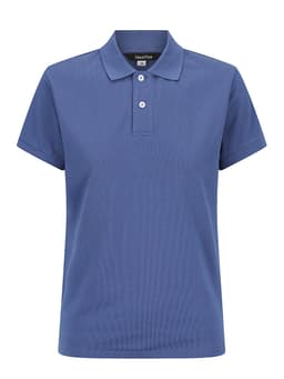 A ladies' polo shirt in navy blue featuring a classic collar and three buttons, with a logo on the label.