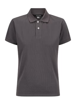 A ladies' polo shirt in dark grey, featuring a classic collar and button placket, with a logo on the label.