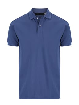 A men's polo shirt in navy blue with a collar and three-button placket, featuring a brand logo.