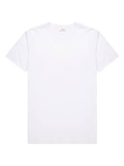 A white men's t-shirt with a round neckline and short sleeves, featuring a tag inside and a logo.