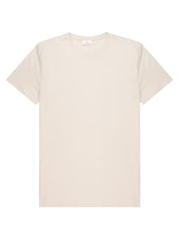 A men's t-shirt in a soft beige colour, featuring a simple design and a logo.