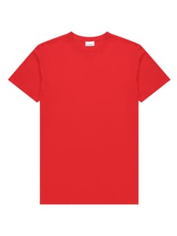 A red men's t-shirt with a classic crew neck design, featuring a logo on the label.