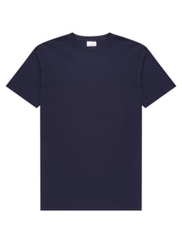 A navy blue men's t-shirt featuring a round neckline and short sleeves, with a small logo on the label.