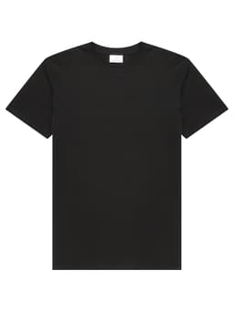 A black men's T-shirt with a round neckline and short sleeves, featuring a logo on the tag.