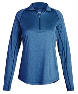 A women's long-sleeve jacket in a deep blue shade, featuring a quarter zip neckline and a fitted design.