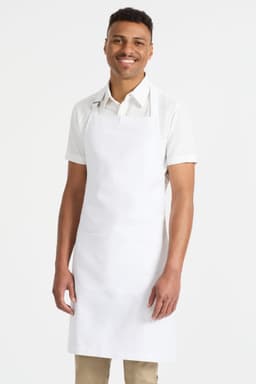 A white bib apron worn by a smiling male model, featuring an adjustable neck strap and a front pocket.