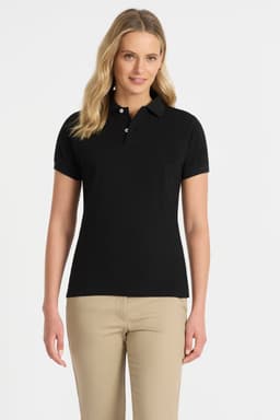 A black ladies' polo shirt displayed on a woman, featuring a collar and short sleeves. The shirt has a logo.