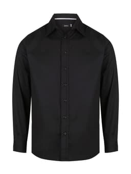 A black long sleeve button-up shirt featuring a classic collar and front buttons. It has a logo on the label.
