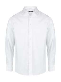 A white long sleeve button-up shirt featuring a collar and a logo on the chest.
