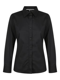 A black ladies long sleeve button-up shirt featuring a collar and a front button closure. The shirt has a branding logo.