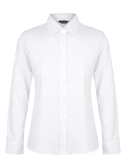 A white ladies' long sleeve button-up shirt featuring a collar and button closure, with a logo on the label.