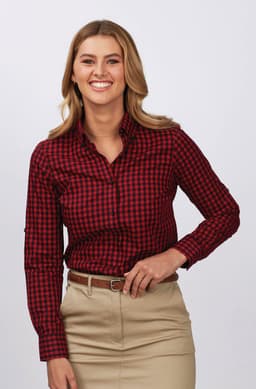 A ladies' long sleeve button-up shirt in red and black check pattern, featuring a fitted design and logo.