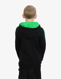 A black hoodie with a green hood, designed for children, featuring a logo on the back.