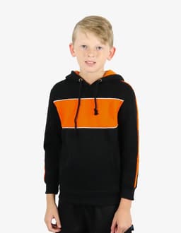 A black hoodie featuring orange stripes across the chest and down the sleeves, with an adjustable hood.