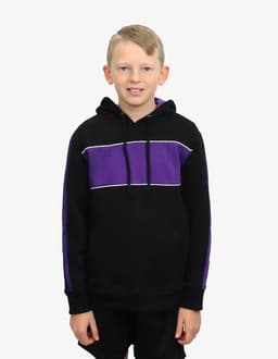 A black hoodie with purple stripes and a logo, featuring a front kangaroo pocket and drawstring hood.