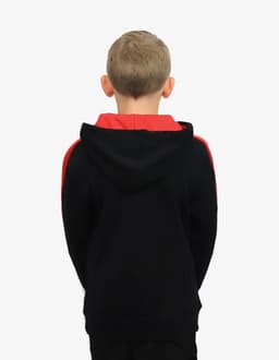 A black and red hooded jumper with a front kangaroo pocket, viewed from the back, featuring a logo.