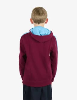 A maroon hoodie with a light blue hood and a logo on the back. The wearer is facing away from the viewer.