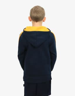 A navy blue hoodie with a yellow hood, featuring a logo on the back, worn by a child.