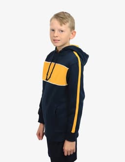 A navy hoodie with a yellow stripe across the chest and on the sleeves, featuring a logo.