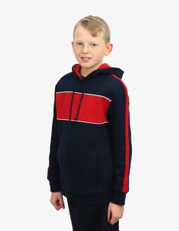 A navy blue hoodie featuring a red and white striped design and a front pocket. Includes a logo on the chest.