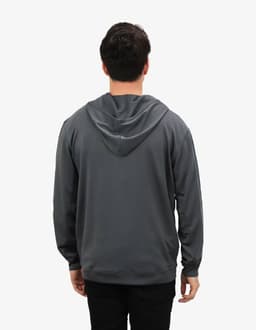 A grey hoodie with a hood, showcasing the back view of the product. It features a logo on the fabric.