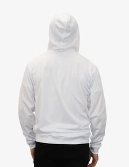 A white hoodie featuring a kangaroo pocket and a hood, with a logo on the back.