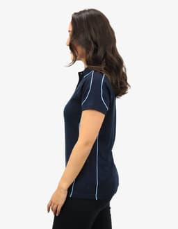 A polo shirt in navy blue with light blue accent stitching. It has a logo on the chest and a fitted style.