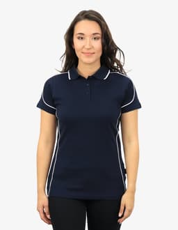 A navy polo shirt for women featuring white piping details and a logo.