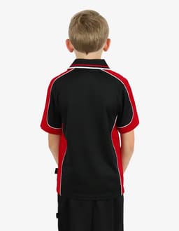 A polo shirt in black and red with white piping, displayed from the back on a child. It features a logo.
