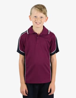 A maroon polo shirt with navy sleeves and white accents, displayed on a boy smiling. It features a branding logo.