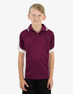 A polo shirt in maroon with white accents, modelled by a smiling child. It features a collar and a logo.